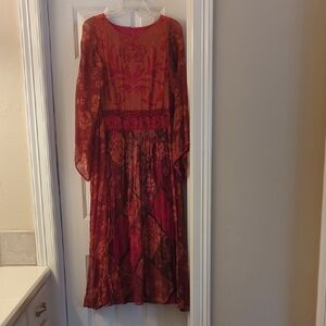 Soft Surroundings Red and Orange Floral Long Sleeve Midi Dress